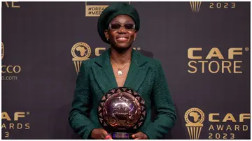Asisat Oshoala poses for a photo at the CAF Awards 2023 in the Moroccan city of Marrakech. Photo: Abu Adem Muhammed.