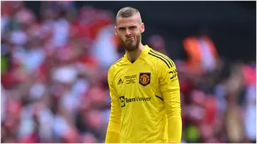 David De Gea looks dejected during the Emirates FA Cup Final match between Manchester City and Manchester United at Wembley Stadium. Photo by Will Palmer.