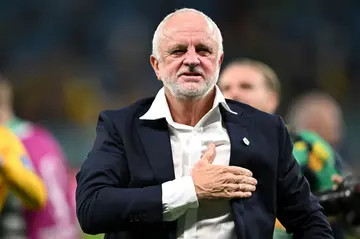 Australia's coach Graham Arnold celebrates victory over Denmark