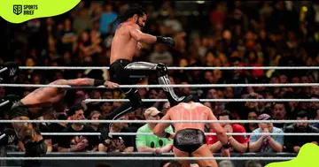 Wrestlers fight during the 2020 Royal Rumble.