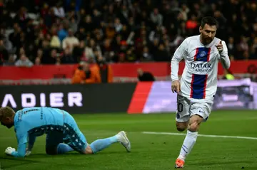 Lionel Messi celebrates after putting PSG in front against Nice