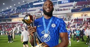 Romelu Lukaku of Chelsea with the trophy during the FIFA Club World Cup UAE 2021 in Abu Dhabi, United Arab Emirates. (Photo by Michael Regan - FIFA/FIFA via Getty Images)