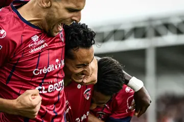 Tough love: Clermont players congratulate Saif-Eddine Khaoui (centre) after his goal against Nice