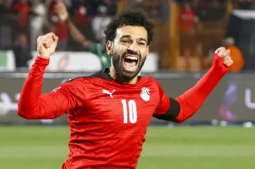 Captain Mohamed Salah celebrates scoring for Egypt