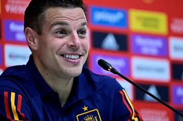 Spain's defender Cesar Azpilicueta attends a press conference at the Qatar University training site