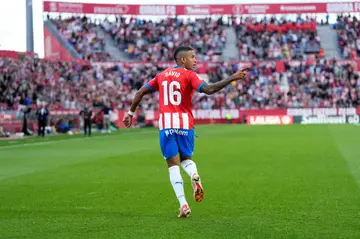 Girona's Brazilian midfielder Savinho celebrates his goal as the Catalans came from behind to earn a big win over struggling Almeria