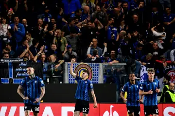 Matteo Ruggeri celebrates his goal which helped take Atalanta to the Europa League final