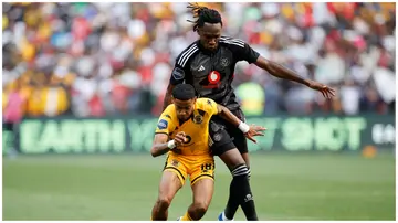 Nigerian defender, Olisa Ndah (right), in action for Orlando Pirates in a past PS match. Photo: Phill Magakoe.