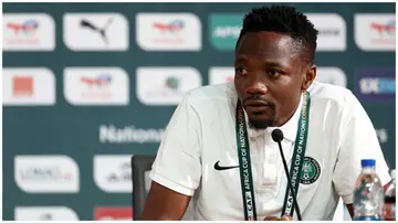 Ahmed Musa gives a press conference at the palais de la Culture in Abidjan on the eve of the 2023 Africa Cup of Nations final between Ivory Coast and Nigeria. Photo: Franck Fife.
