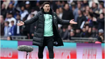 Mauricio Pochettino reacts during the Emirates FA Cup semi-final match between Manchester City and Chelsea at Wembley Stadium. Photo by Catherine Ivill.