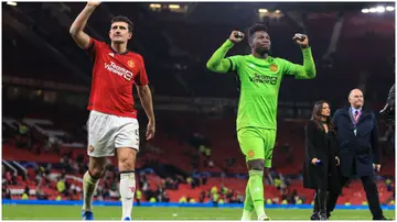 Harry Maguire and Andre Onana during the UEFA Champions League Group A match between Manchester United and F.C. Copenhagen at Old Trafford. Photo by Simon Stacpoole.