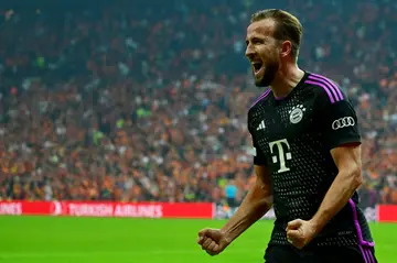 Harry Kane celebrates after scoring for Bayern Munich against Galatasaray