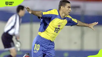 Colombian soccer player Victor Aristizabal celebrates a goal