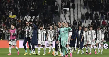 Juventus players greet fans at the end of their UEFA Europa League quarterfinal match against Sporting CP at the Allianz Stadium. Photo by Isabella Bonotto.