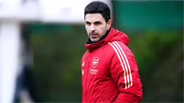 Mikel Arteta looks on during a training session at the Sobha Realty Training Centre in London Colney. Photo by Zac Goodwin.