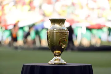 The 2016 Copa America Centenario trophy in Santa Clara, California