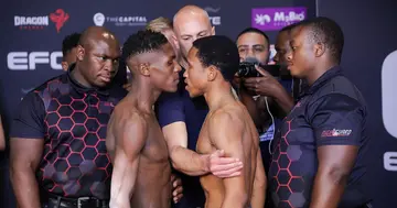 Gift Walker and Terence Balelo at the weigh-in for EFC 107.