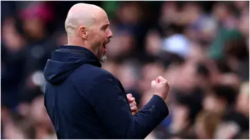 Erik ten Hag celebrates during the Premier League match between Fulham FC and Manchester United at Craven Cottage. Photo by Clive Rose.