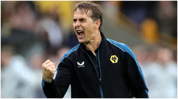 Julen Lopetegui celebrates during the Premier League match between Wolves and Aston Villa at Molineux. Photo by David Rogers.