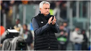 Jose Mourinho claps his hands during the UEFA Conference League semi-final second leg football match between AS Roma and Leicester City. Photo by Isabella Bonotto.