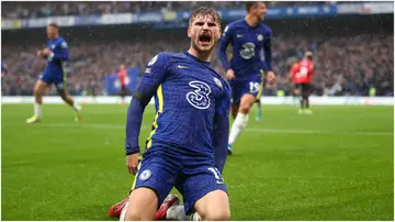 Timo Werner celebrates after scoring during the Premier League match between Chelsea and Southampton at Stamford Bridge IN 2021. Photo by Chris Lee.