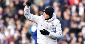 Chelsea manager Thomas Tuchel applauds the fans before the Premier League match at Turf Moor, Burnley. Photo by Martin Rickett.