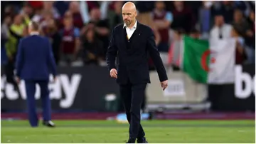 Erik ten Hag is seen after the defeat during the Premier League match between West Ham United and Manchester United at London Stadium. Photo by Clive Rose.
