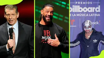 Vince McMahon (left), Roman Reigns (C), and Rey Mysterio