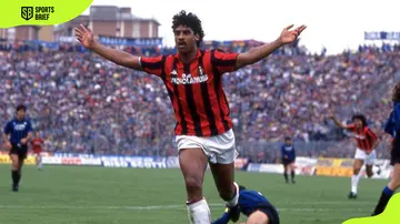 One of the best Dutch soccer players in history is Frank Rijkaard of AC Milan seen here celebrating after scoring the goal during their Serie A match against Atalanta at Stadio Comunale 1988-89 in Bergamo, Italy.