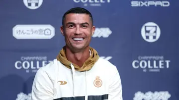 Cristiano Ronaldo smiles during a press conference in Osaka ahead of Al-Nassr's friendly matches against Paris Saint-Germain and Inter Milan. Photo by Paul Miller.