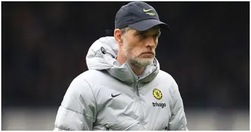 Chelsea manager Thomas Tuchel looks dejected during the Premier League match between Everton and Chelsea at Goodison Park. Photo by Simon Stacpoole.