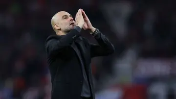 Pep Guardiola blows kisses after the UEFA Champions League Group G football match between RB Leipzig and Manchester City. Photo by Ronny Hartmann.