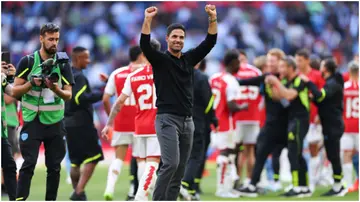 Mikel Arteta celebrates during The FA Community Shield match between Manchester City against Arsenal at Wembley Stadium. Photo by Marc Atkins.