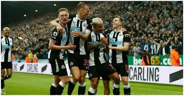Burno Guimaraes celebrates after scoring their side's second goal during the Premier League match between Newcastle United and Arsenal at St. James's Park. Photo by Will Matthews.