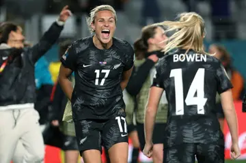 New Zealand forward Hannah Wilkinson celebrates their win