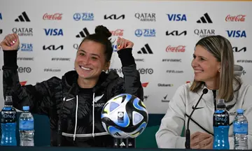 New Zealand captain Ali Riley (L) and coach Jitka Klimkova speaking at a press conference at Eden Park in Auckland on Wednesday