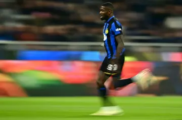 Inter Milan's French forward Marcus Thuram in action against Genoa at the San Siro Stadium