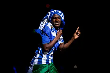 FC Porto star Zaidu Sanusi gestures as he celebrates winning Liga Portugal