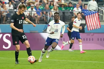 Folarin Balogun #20 of the United States scored his first goal for the team in the 2-0 CONCACAF Nations League final win over Canada on Sunday