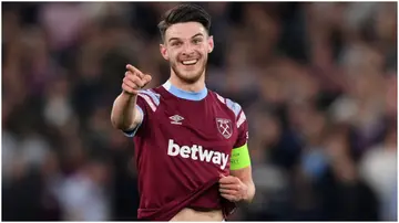 Declan Rice gestures during the UEFA Europa Conference League semi-final first-leg match between West Ham United and AZ Alkmaar. Photo by Shaun Botterill.