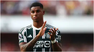 Marcus Rashford in action during the Premier League football match between Arsenal and Manchester United at the Emirates Stadium. Photo by Glyn Kirk.