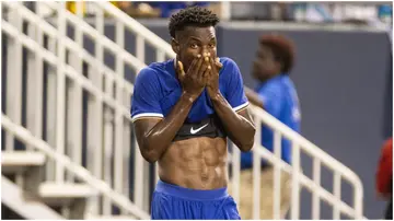 Nicolas Jackson looks dejected during the pre-season friendly match between Chelsea FC and Borussia Dortmund. Photo by Marco Steinbrenner.