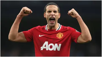Rio Ferdinand celebrates after the FA Cup Third Round match between Manchester City and Manchester United in 2012. Photo by Matthew Peters.