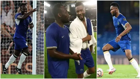 Video: Mikel Obi Showers Michael Essien in Heartwarming Moment During Chelsea Legends Game