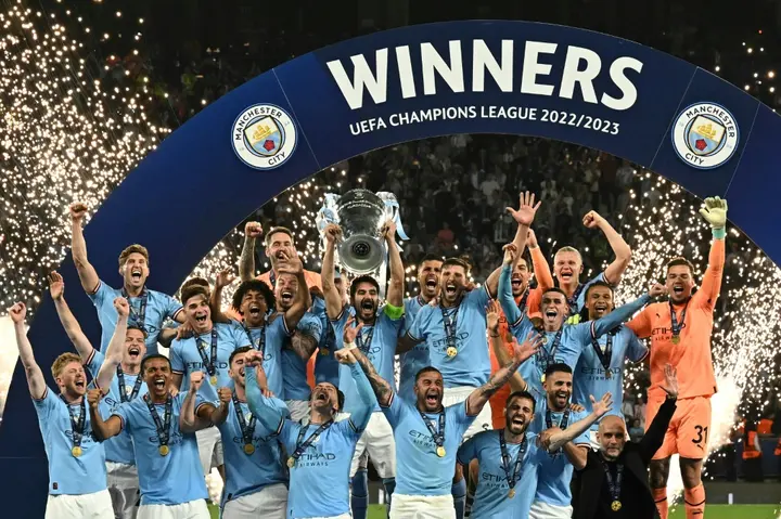 Manchester City's treble winners celebrate after the Champions League final