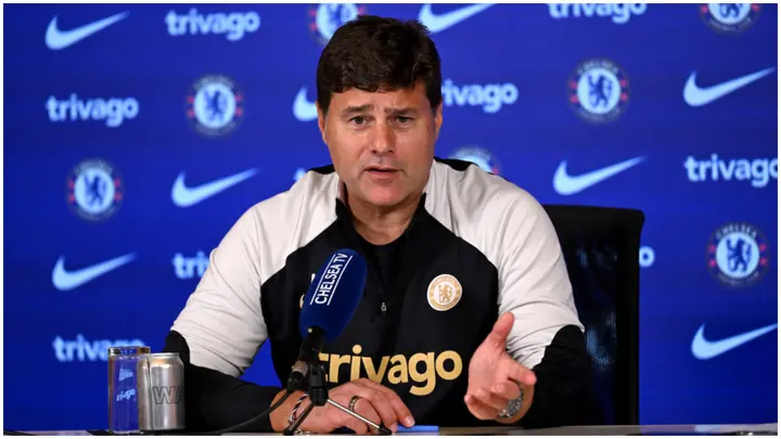 Mauricio Pochettino speaks during a press conference at Chelsea Training Ground. Photo by Darren Walsh.