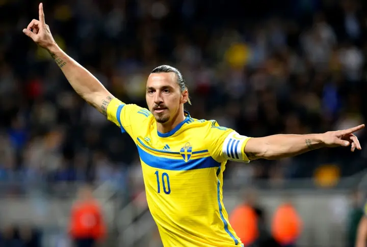 Zlatan Ibrahimovic after scoring for Sweden in a friendly against Estonia in 2014