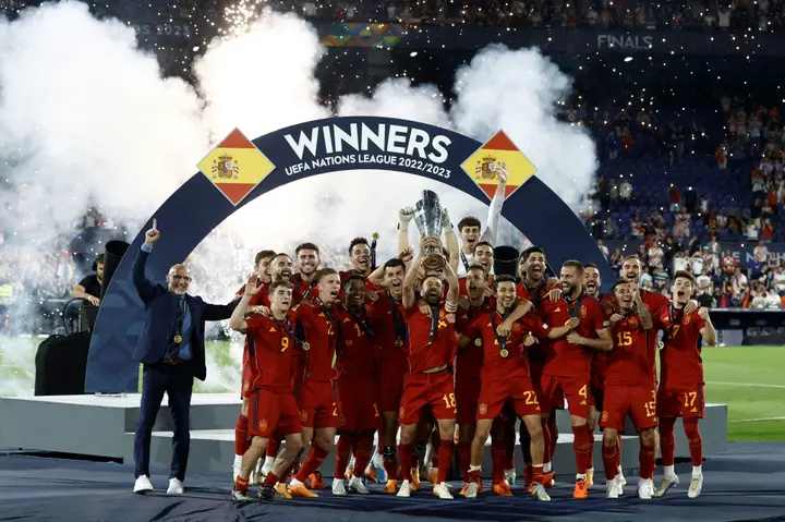 Spain players celebrate after winning the Nations League and ending an 11-year trophy drought