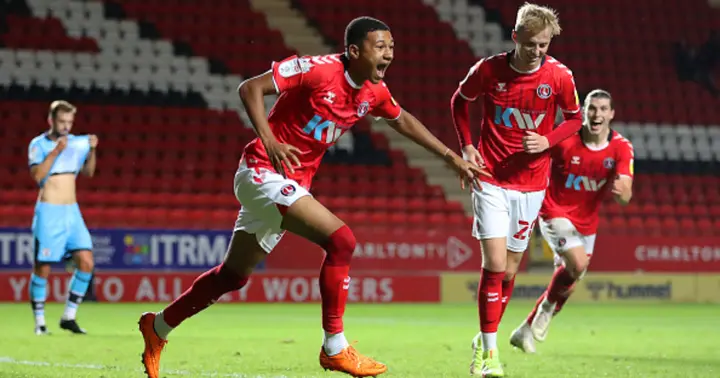 Mason Burstow of Charlton Athletic celebrates after scoring their team's fifth goal during the Papa John's EFL Trophy Group match between Charlton Athletic and Crawley Town (Photo by James Chance/Getty Images)