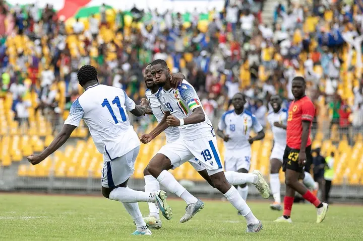 Central African Republic captain Geoffrey Kondogbia (C) reacts after equalising against Angola in an Africa Cup of Nations qualifier in Douala.